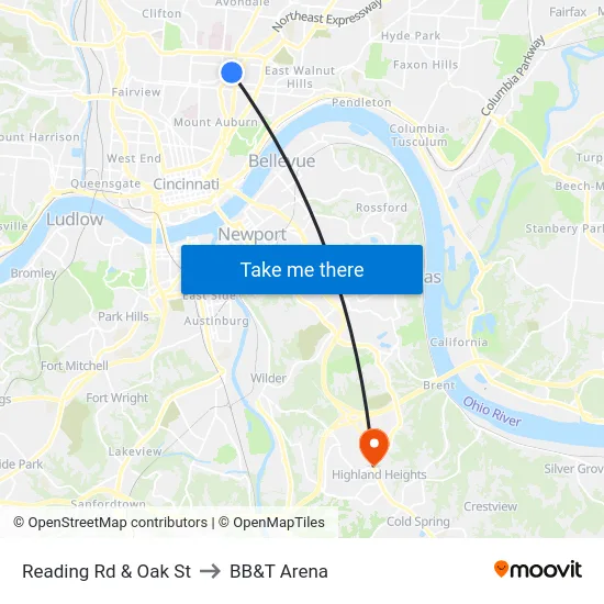 Reading Rd & Oak St to BB&T Arena map
