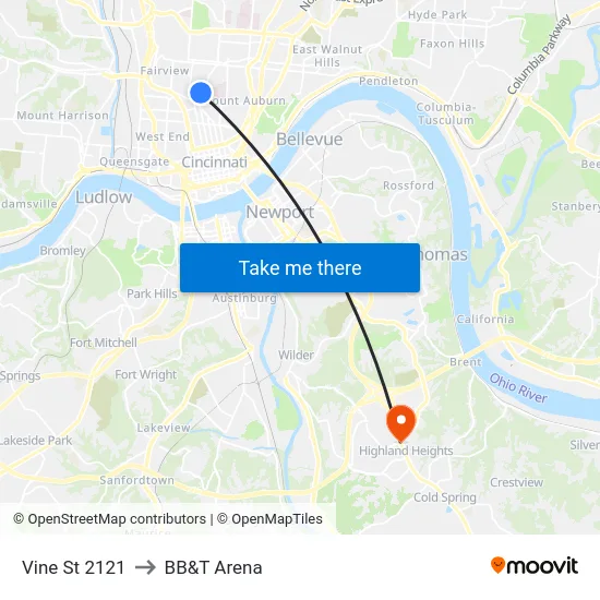 Vine St 2121 to BB&T Arena map