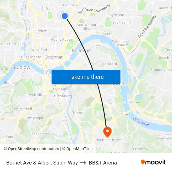 Burnet Ave & Albert Sabin Way to BB&T Arena map