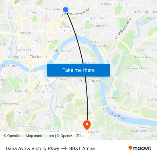 Dana Ave & Victory Pkwy to BB&T Arena map