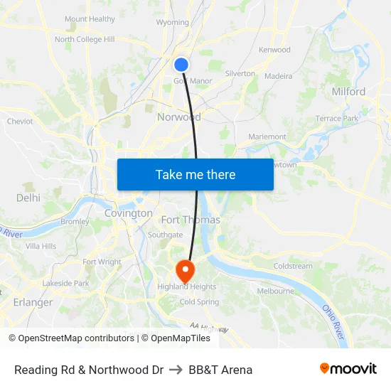 Reading Rd & Northwood Dr to BB&T Arena map