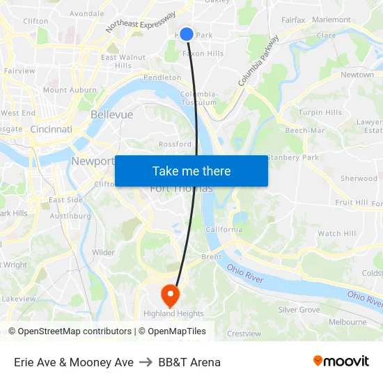 Erie Ave & Mooney Ave to BB&T Arena map