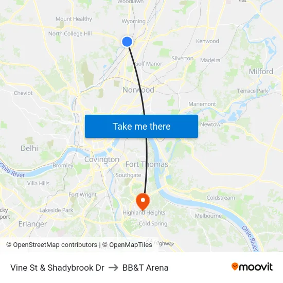 Vine St & Shadybrook Dr to BB&T Arena map