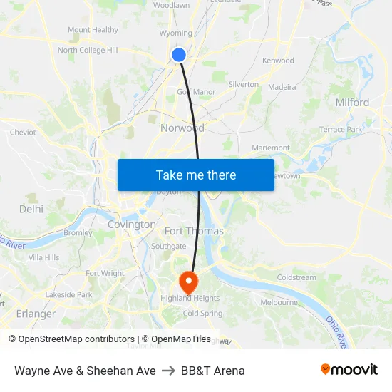 Wayne Ave & Sheehan Ave to BB&T Arena map