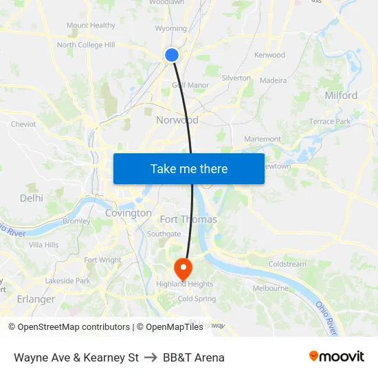 Wayne Ave & Kearney St to BB&T Arena map