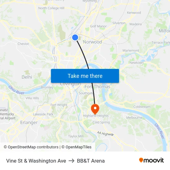 Vine St & Washington Ave to BB&T Arena map