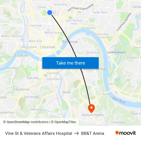 Vine St & Veterans Affairs Hospital to BB&T Arena map