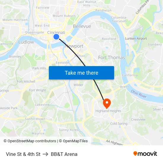 Vine St & 4th St to BB&T Arena map