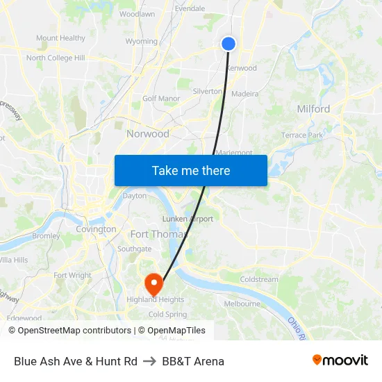 Blue Ash Ave & Hunt Rd to BB&T Arena map