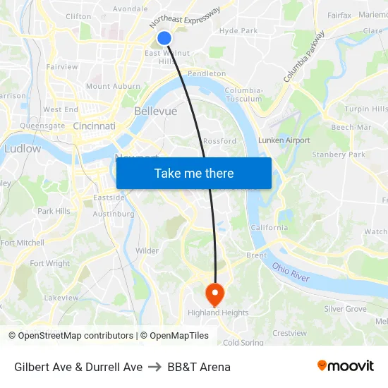 Gilbert Ave & Durrell Ave to BB&T Arena map