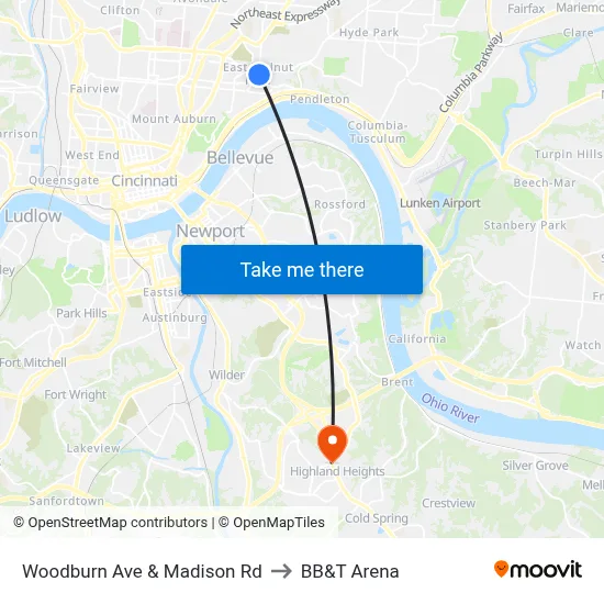 Woodburn Ave & Madison Rd to BB&T Arena map