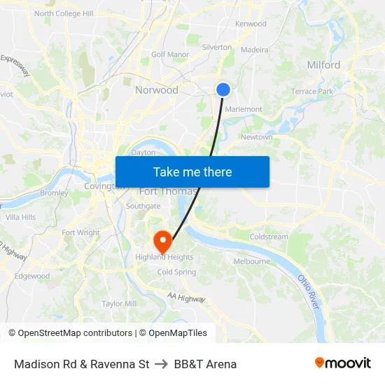 Madison Rd & Ravenna St to BB&T Arena map