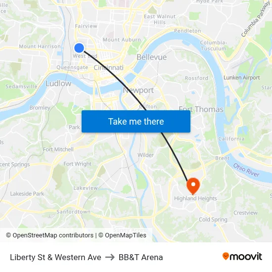 Liberty St & Western Ave to BB&T Arena map