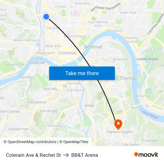 Colerain Ave & Rachel St to BB&T Arena map