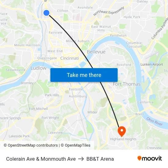 Colerain Ave & Monmouth Ave to BB&T Arena map