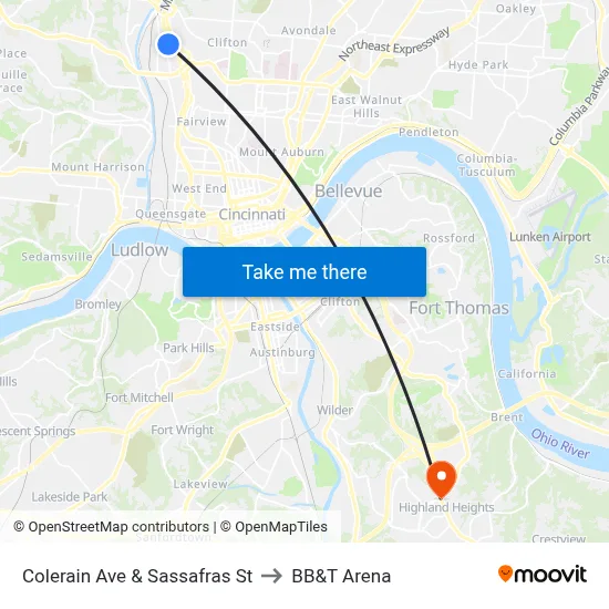 Colerain Ave & Sassafras St to BB&T Arena map