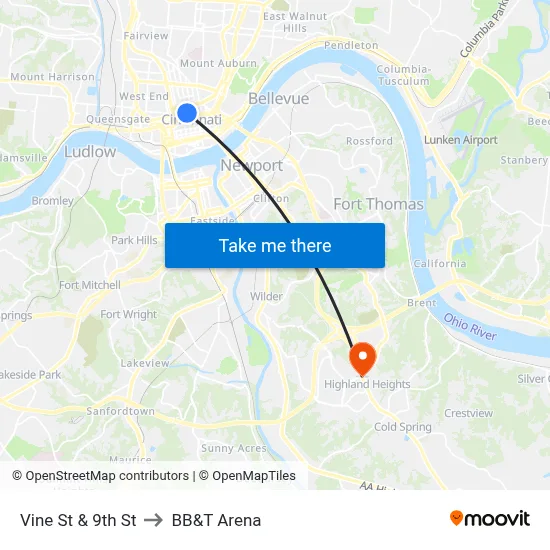 Vine St & 9th St to BB&T Arena map