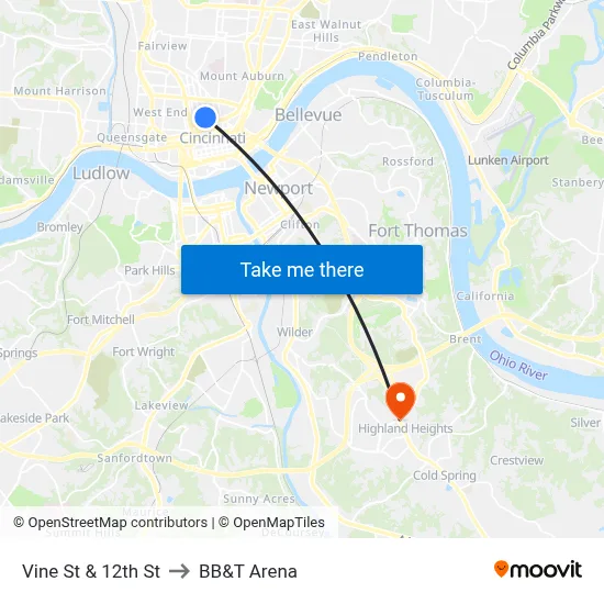 Vine St & 12th St to BB&T Arena map