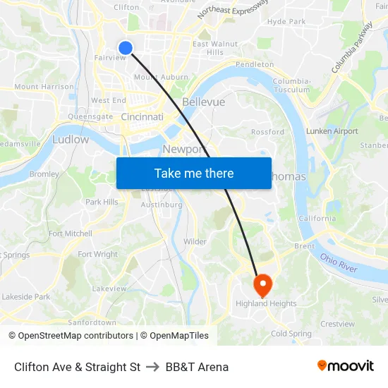 Clifton Ave & Straight St to BB&T Arena map