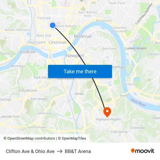 Clifton Ave & Ohio Ave to BB&T Arena map
