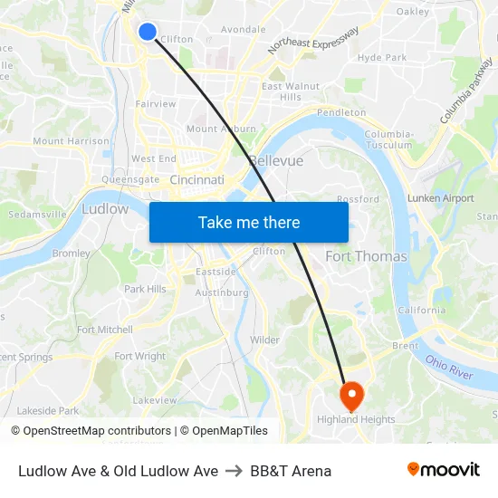 Ludlow Ave & Old Ludlow Ave to BB&T Arena map