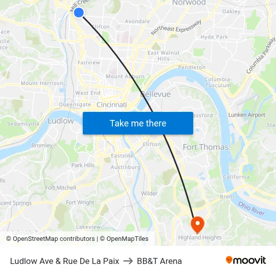 Ludlow Ave & Rue De La Paix to BB&T Arena map