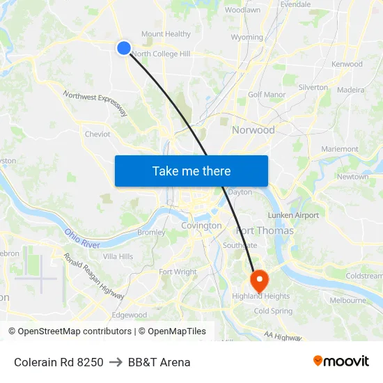 Colerain Rd 8250 to BB&T Arena map