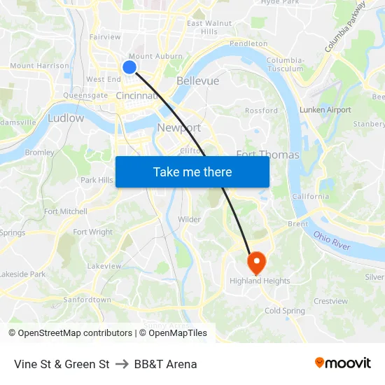 Vine St & Green St to BB&T Arena map