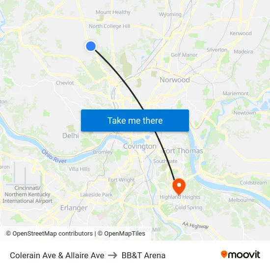 Colerain Ave & Allaire Ave to BB&T Arena map