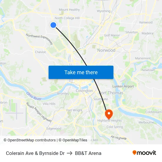 Colerain Ave & Byrnside Dr to BB&T Arena map