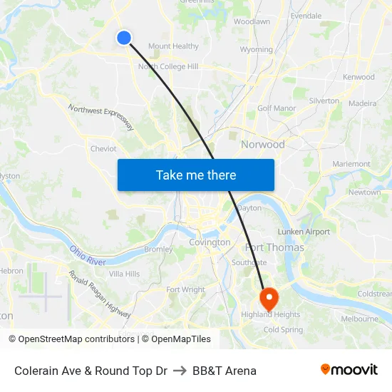 Colerain Ave & Round Top Dr to BB&T Arena map