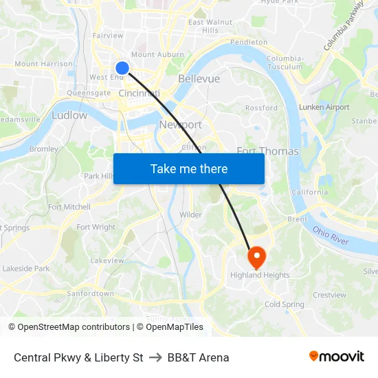 Central Pkwy & Liberty St to BB&T Arena map