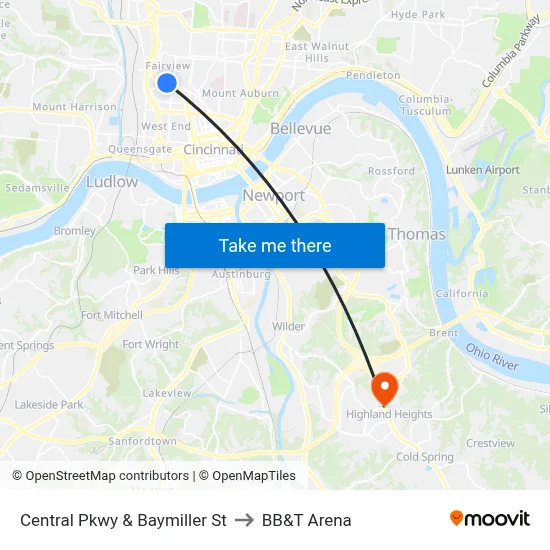 Central Pkwy & Baymiller St to BB&T Arena map