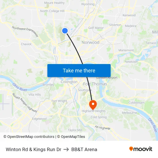 Winton Rd & Kings Run Dr to BB&T Arena map