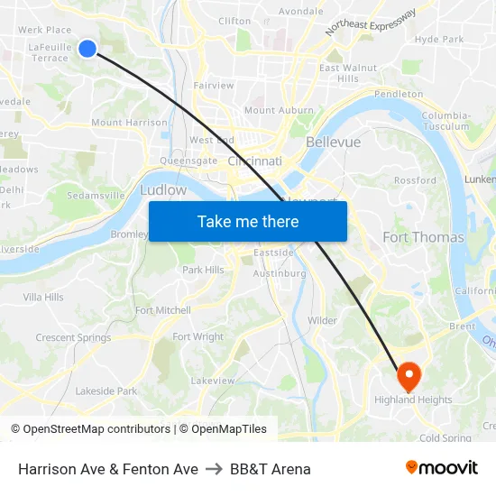 Harrison Ave & Fenton Ave to BB&T Arena map