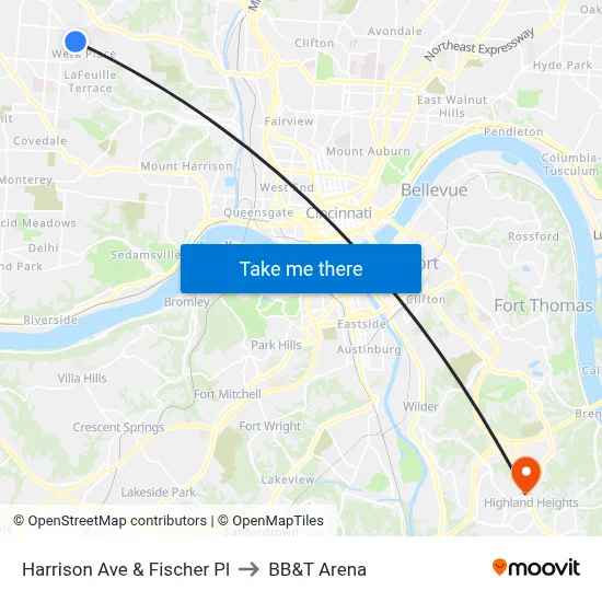 Harrison Ave & Fischer Pl to BB&T Arena map