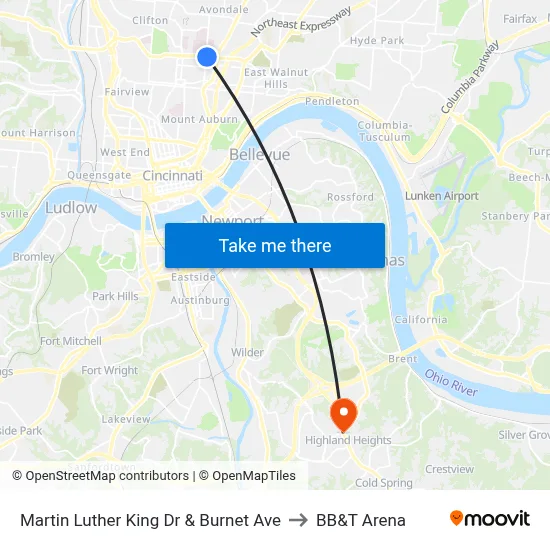 Martin Luther King Dr & Burnet Ave to BB&T Arena map