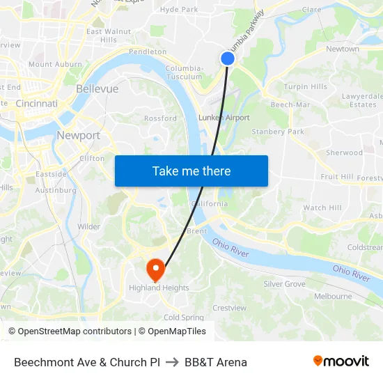 Beechmont Ave & Church Pl to BB&T Arena map