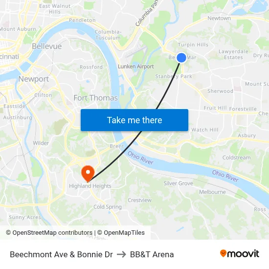Beechmont  Ave & Bonnie Dr to BB&T Arena map