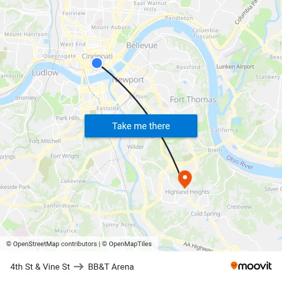 4th St & Vine St to BB&T Arena map