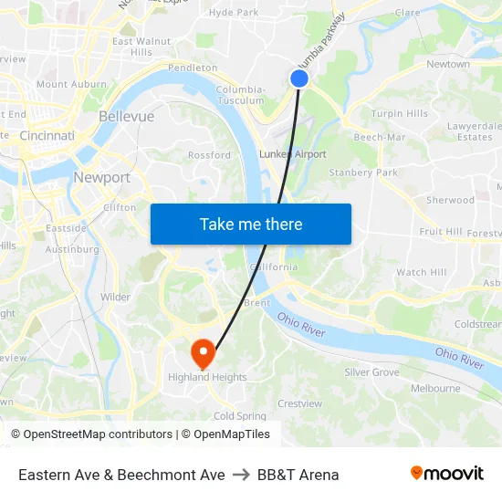 Eastern Ave & Beechmont Ave to BB&T Arena map