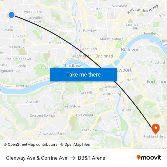 Glenway Ave & Corrine Ave to BB&T Arena map