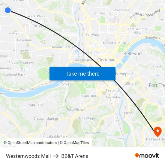 Westernwoods Mall to BB&T Arena map
