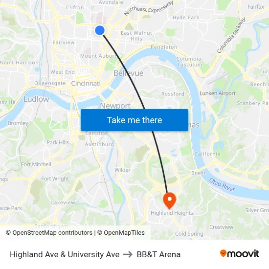 Highland Ave & University Ave to BB&T Arena map