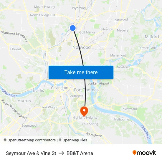 Seymour Ave & Vine St to BB&T Arena map