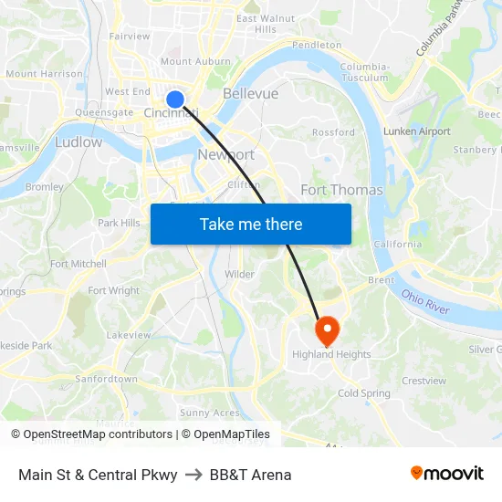 Main St & Central Pkwy to BB&T Arena map