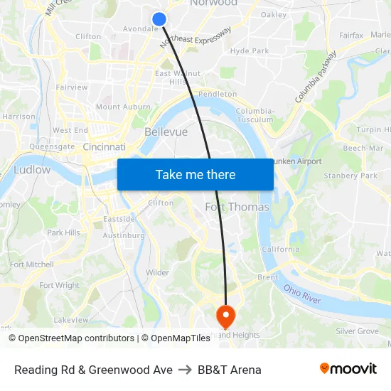 Reading Rd & Greenwood Ave to BB&T Arena map