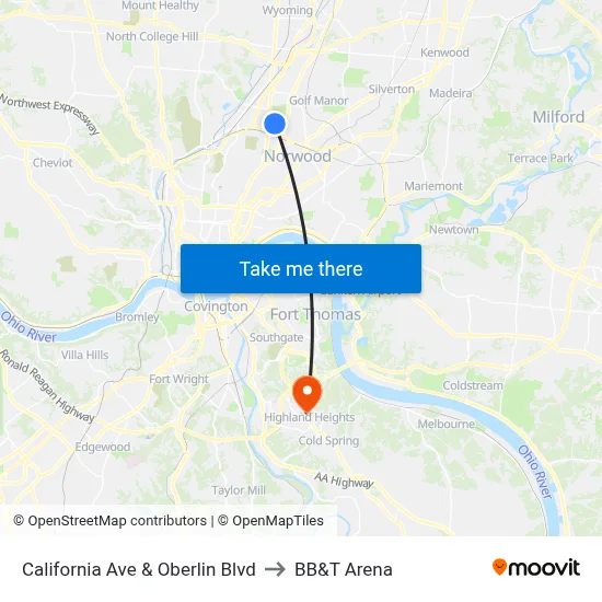 California Ave & Oberlin Blvd to BB&T Arena map