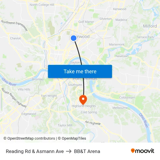 Reading Rd & Asmann Ave to BB&T Arena map