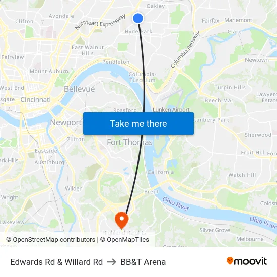 Edwards Rd & Willard Rd to BB&T Arena map
